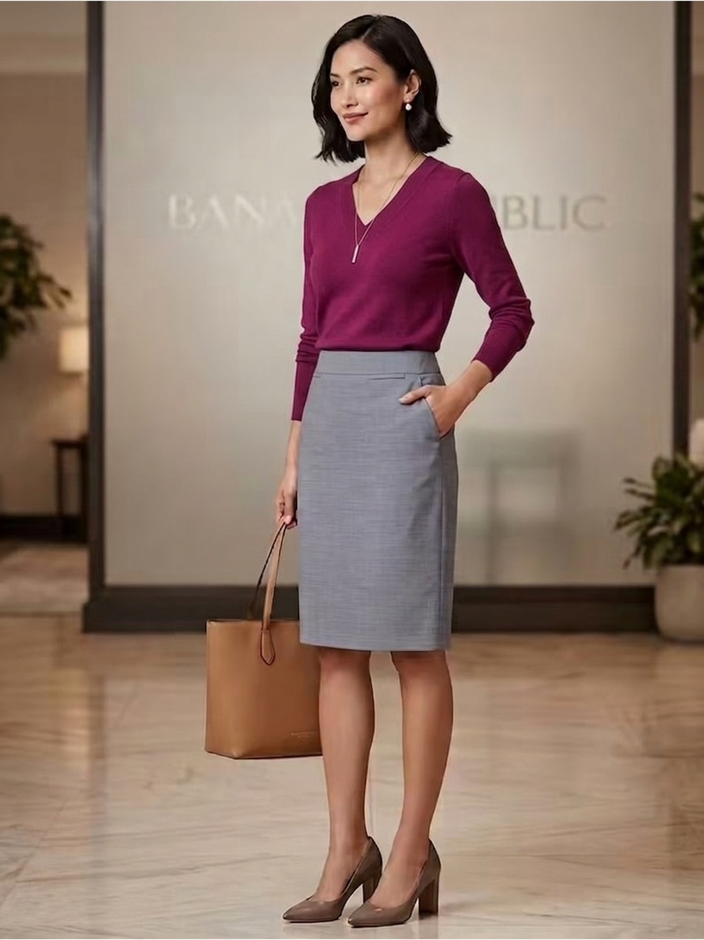 Banana Republic Extra Fine Merino Wool V-Neck Sweater Magenta Plum (Size M)